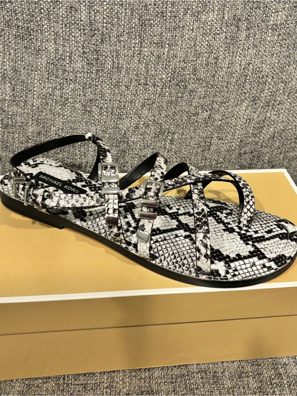 Michael Kors Black & White Snake-Print Studded Strappy Sandal